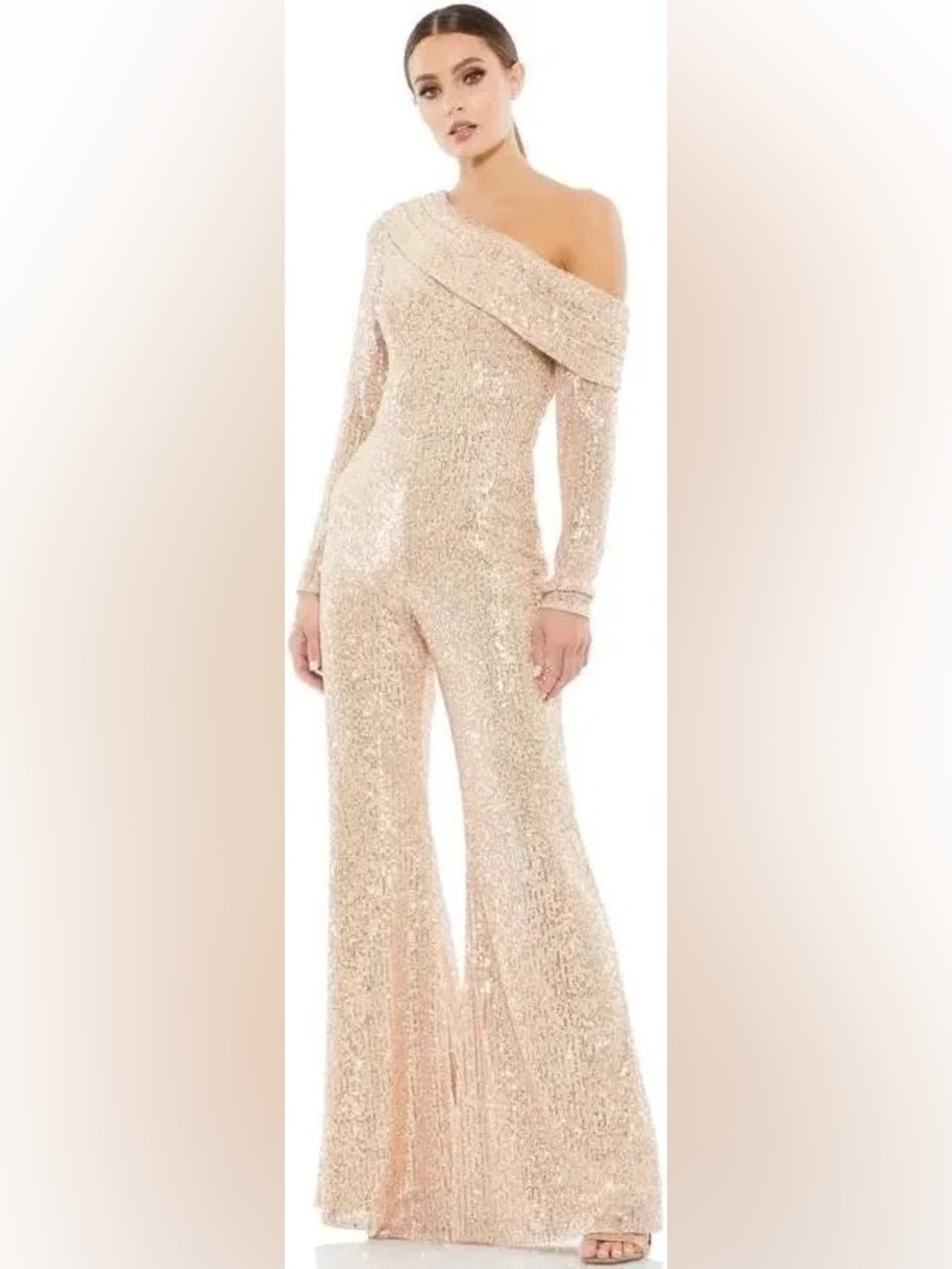 Ieena for Mac Duggal Gold Sequined Drop Shoulder Long Sleeve Jumpsuit NWT